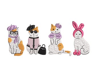 May include: Four embroidered cat designs with different outfits. One cat wears a purple beret and glasses, another wears a pink jacket and a beret, another wears a purple scarf and a beret, and the last cat wears a pink bunny ear headband.