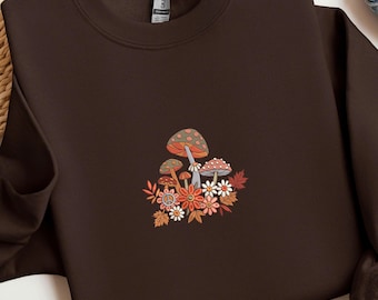 Retro Mushroom Floral Embroidered Sweatshirt, Fall Aesthetic Cottagecore Pullover, Autumn Embroidery Gift for Her, MADE IN USA