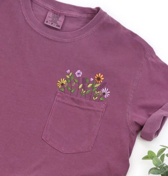 Embroidered Tee Shirt Comfort Colors Tshirt Wildflower Pocket Top