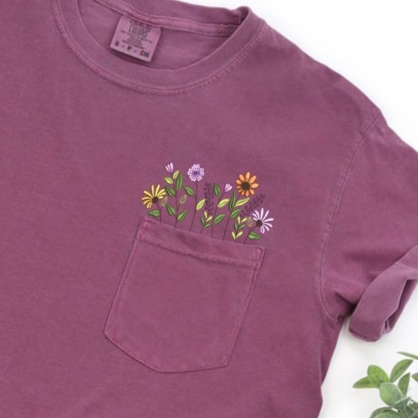 Comfort Colors Embroidered Crewneck Wildflower pocket Tshirt, Embroidered Flower shirt, Flower Boho Shirt, Gift for Her, MADE IN USA