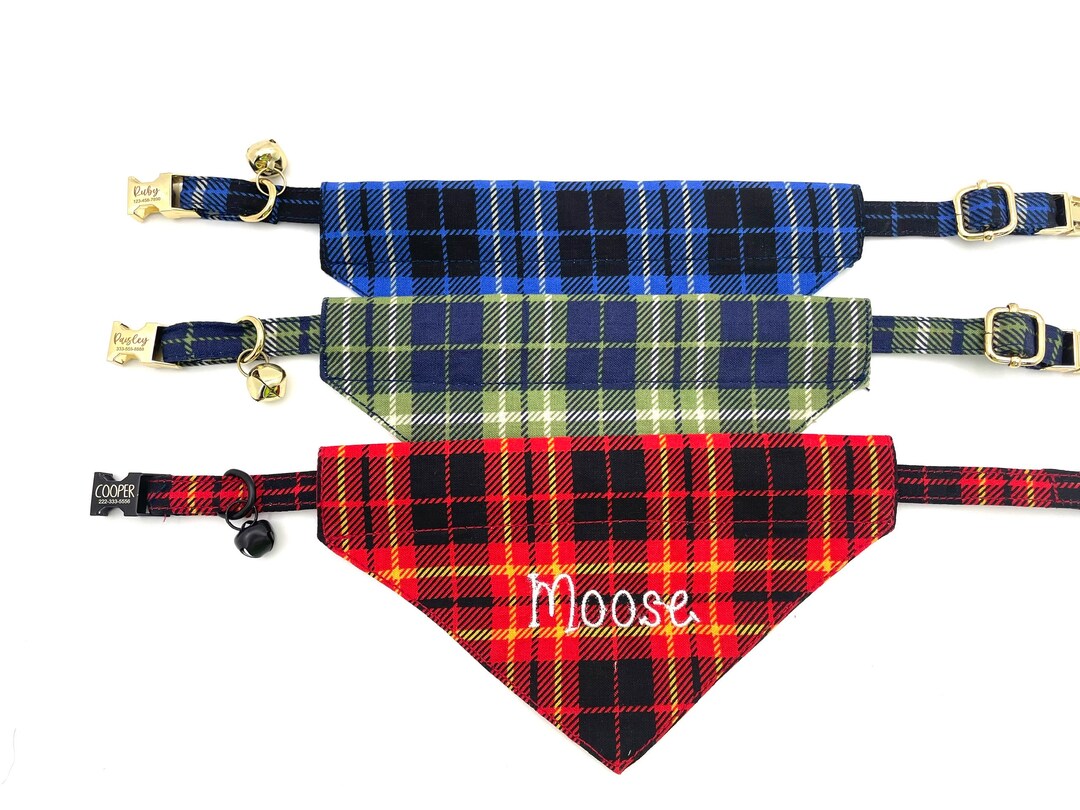 Cat Collar Personalised, Plaid Cat Collar, Laser Engraved Metal Buckle Collar non Breakaway OR
