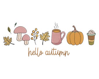 Fall Embroidery Designs, Autumn Leaves with Pumpkin and Mushroom Embroidery Pattern, Machine Embroidery Designs, Embroidery Design