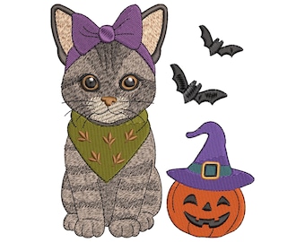 Halloween kat borduurontwerp, schattige kat met pompoen en vleermuizen borduurbestand, herfststeekbestand voor draagtas, sweater, huisdier cadeau