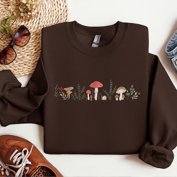 Fall  Sweatshirt Embroidered, Mushroom Crewneck, Botany Embroidered Tshirt, Cottage Core Embroidery Hoodie, Gift Gifts