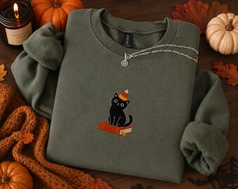Black Cat Book Embroidered Sweatshirt, Halloween Cat Embroidery, Cute Fall Cat Shirt, Book Lover Gift, Cozy Autumn Sweatshirt
