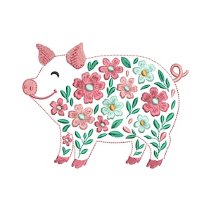Floral Pig Embroidery Design, Funny Pig Machine Embroidery File, Farm Animal Embroidery Pattern, Instant Download, Cute Pig Embroidery