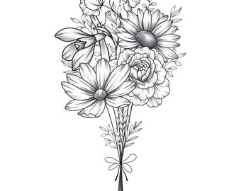 Custom Birth Flower Bouquet, Family Birth Month Tattoo Design, Up to 15 Flowers, Flower Bouquet Print, Floral Tattoo Design Digital Download