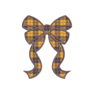 May include: A yellow and black plaid bow with a large center loop and two long tails.