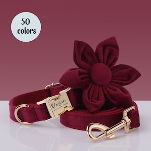 Burgundy Dog Collar Christmas Personalized Velvet Dog Collar Leash Flower Bowtie,  Custom Dog Collar Fall or Winter Pet Wear, 50 COLOR