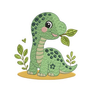 かわいい恐竜の刺繍デザイン、葉っぱの赤ちゃん恐竜、ジャングル動物のステッチファイル（子供向けプロジェクト用）、デジタルダウンロード、6サイズ