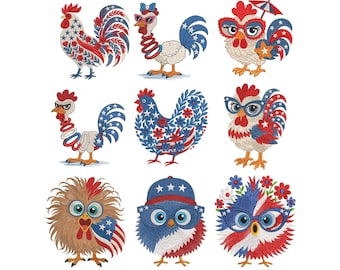 9 Patriotic Chicken Embroidery Design Bundle Funny Chicken USA Flag Files, 4th of July Machine Embroidery, Farm Animal Summer Stitch