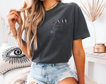 Penguin Embroidered Pocket Tee Comfort Colors Summer Shirt  Penguin Diving Shirt Funny Ocean Animal Shirt Gift for Nature Lover MADE IN USA