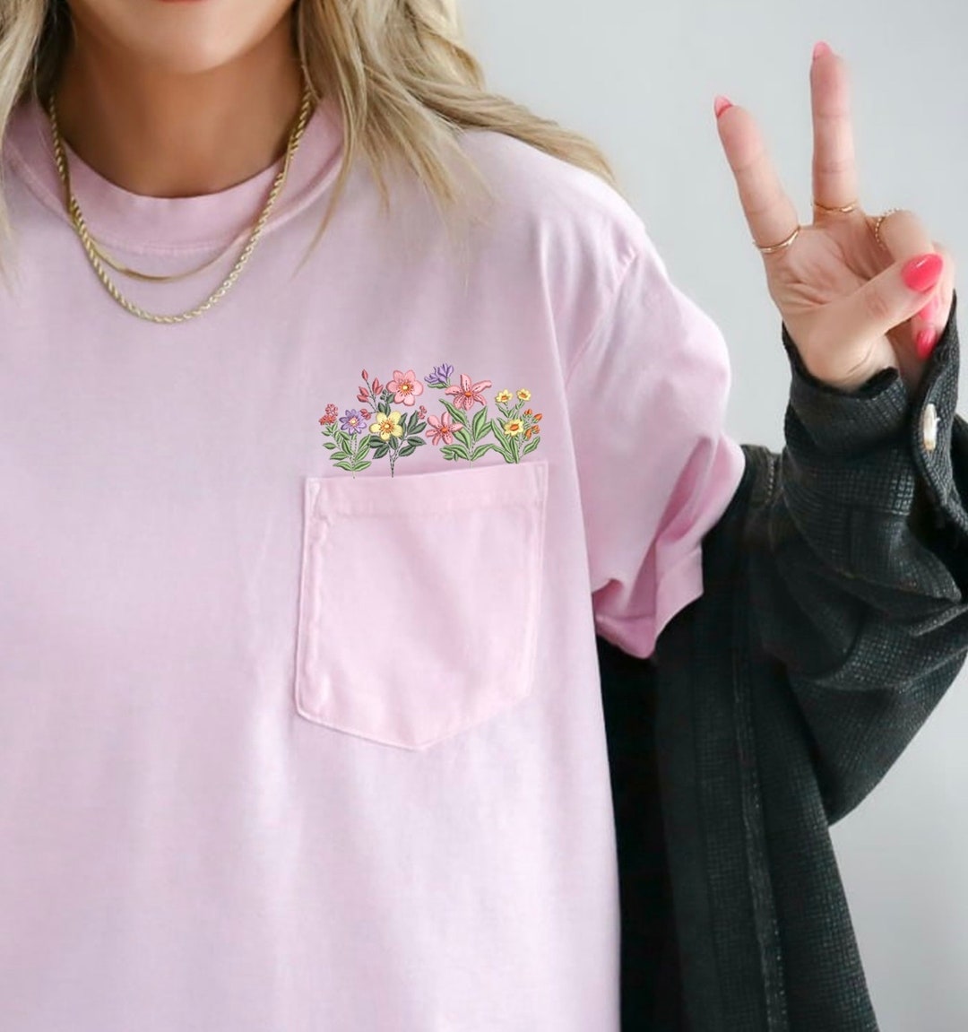 Comfort Colors Embroidered Wildflower Pocket Tee, Boho Chic Essential ...