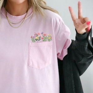 Comfort Colors Embroidered Wildflower Pocket Tee, Boho Chic Essential Shirt, Wildflower Embroidered Shirt, Gift for Her, MADE IN USA