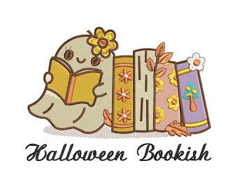 Diseño de bordado de fantasma de libros, archivo de puntada de lectura de otoño y Halloween, lindo fantasma con libros, bordado a máquina para decoración de sudaderas y bolsos.