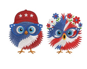Amerikaanse grappige kip borduurwerk ontwerpen bundel van 2 patriottische bloemen kip borduurwerk, 4 juli kip steek, grappig USA baby borduurwerk