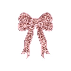 May include: A pink glitter bow with a large centre loop and two long tails.