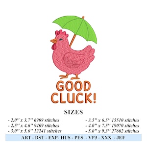 以下が含まれることがあります： オレンジ色の「GOOD CLUCK!」の文字が入った、緑色の傘を持ったピンクの鶏の刺繍デザイン。デザインは、2.0インチ x 3.7インチ、2.5インチ x 4.6インチ、3.0インチ x 5.6インチ、3.5インチ x 6.5インチ、4.0インチ x 7.5インチ、5.0インチ x 9.3インチのさまざまなサイズでご利用いただけます。デザインは、ART、DST、EXP、HUS、PES、VP3、XXX、JEFのフォーマットでご利用いただけます。