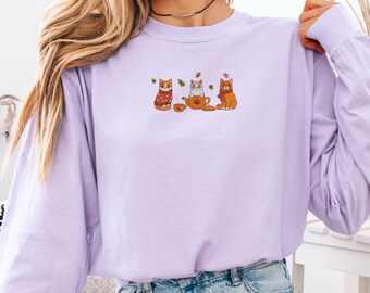 Fall Embroidered Cat Shirt Comfort Colors T-shirt or Long Sleeve Shirt, Autumn Cute Cat Top, Cozy Fall Top for Cat Lovers, MADE IN USA