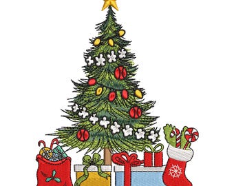 May include: A green Christmas tree with a yellow star on top, decorated with red and yellow ornaments, white snowflakes, and a string of lights. There are presents wrapped in red, blue, and yellow paper under the tree, and a red stocking with candy canes and a green sprig of holly.