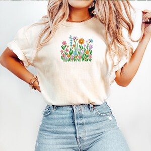 Wildflower Shirt Embroidered Comfort Colors T-Shirt, Floral Embroidered Tee Cottagecore Spring Shirt Gift for Her Boho Aesthetic MADE IN USA