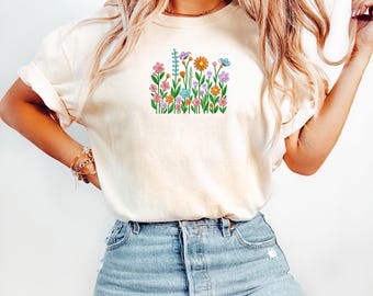 Wildflower Shirt Embroidered Comfort Colors T-Shirt, Floral Embroidered Tee Cottagecore Spring Shirt Gift for Her Boho Aesthetic MADE IN USA