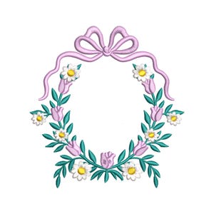 May include: Embroidered floral wreath design featuring pink tulips, white daisies with yellow centers, and teal leaves. A light purple bow sits at the top, with flowing ribbons. This design is perfect for embroidery projects.
