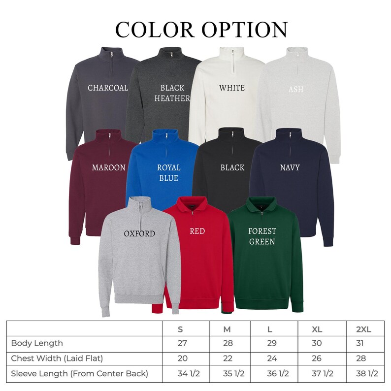 May include: A size chart for a pullover sweatshirt with a variety of color options, including charcoal, black heather, white, ash, maroon, royal blue, black, navy, oxford, red, and forest green. The chart shows the body length, chest width, and sleeve length in inches for sizes S, M, L, XL, and 2XL.