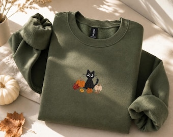 Black Cat Pumpkin Embroidered Sweatshirt, Fall Cat Embroidery, Halloween Cat Lover Gift, Cute Autumn Cat Shirt, Cozy Fall Sweatshirt