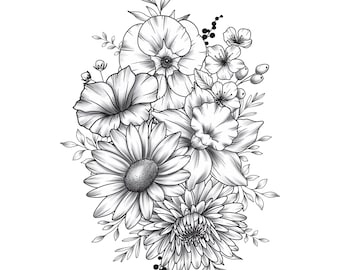 Aangepaste geboorte bloemboeket tattoo geboortemaand bloem tattoo familie aangepaste tattoo oma tuin gepersonaliseerde tattoo ontwerp digitale download