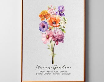 Personalized Birth Month Flowers Mothers Day, Nana's Garden Mother's Day Grandma Gift Watercolor Birth Month Flowers Personalized Gift