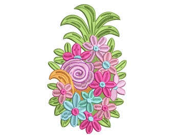 Bloemen ananasborduurontwerp, tropische zomer machineborduurbestand, ananas met bloemen, digitale download