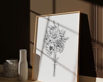 May include: A black and white line drawing of a bouquet of flowers in a wooden frame. The flowers include a poppy, a rose, and a snowdrop.