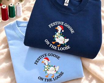 Embroidered Christmas Goose Sweatshirt, Festive Holiday Animal Shirt (Crewneck/Hoodie)