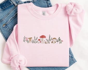 Embroidered Mushroom Sweatshirt, Botany Embroidered Tshirt, Cottage Core Embroidery Hoodie, Embroidered Mushroom Crew Neck Sweatshirt