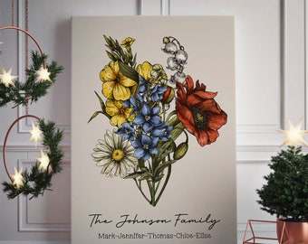 Geburtsblumen-Familienstrauß, Geburtsmonat-Blumenkunst individuell, handgezeichnete Kunst, Geburtsmonat-Blumendruck, personalisiertes Geschenk, digitaler Download