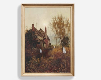 Little Ghosts in Warm Tone Autumn Scene Vintage Painting, Spooky Farmhouse Decor, Special Halloween Edition, DIGITAL DOWNLOAD, H-B16