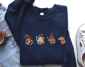 Embroidered Fall Sweatshirt, Mushroom Tshirt Embroidered Women Fall Sweatshirt, Fall Cozy Sweatshirt, Gift for Her, MADE IN USA