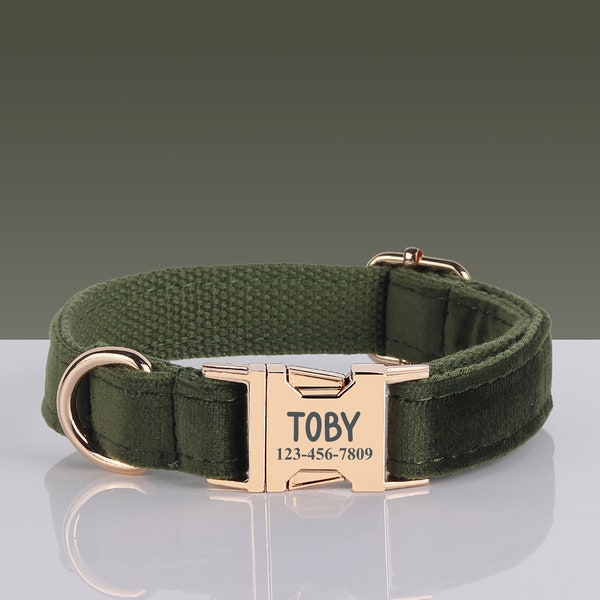 Military Green Velvet Personalized Dog Collar Leash Set with Bow or Flower, Engraved Pet Name Plate Metal Buckle, Pet Collar,  50 COLORS