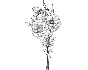 Custom Birth Flower Bouquet, Family Birth Month Tattoo Design, Up to 15 Flowers, Flower Bouquet Print, Floral Tattoo Design Digital Download