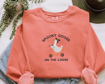 Funny Spooky Goose Embroidered Sweatshirt, Halloween Fall Pullover, Comfort Colors Long Sleeve, Cute Goose Witch Gift Shirt, MADE IN USA