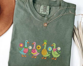 Funny Goose Floral Comfort Colors Tee Goose Embroidered Shirt, Funny Fruit Goose Tee, Summer Embroidered Tshirt, Gift for Her, MADE IN USA