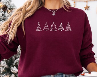 Minimalist Christmas Tree Embroidered Sweatshirt, Custom Holiday Shirt or Hoodie, Holiday Crewneck, Matching Xmas Gift, MADE IN USA