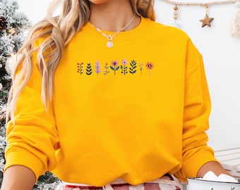 Fall Wildflower Embroidered Sweatshirt, Floral Shirt Hoodie Embroidered, Gift for Her, MADE IN USA