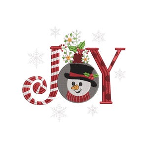 May include: Red, white, and green embroidered design of the word "JOY" with a snowman in the center of the "O". The snowman is wearing a black top hat and a red scarf.