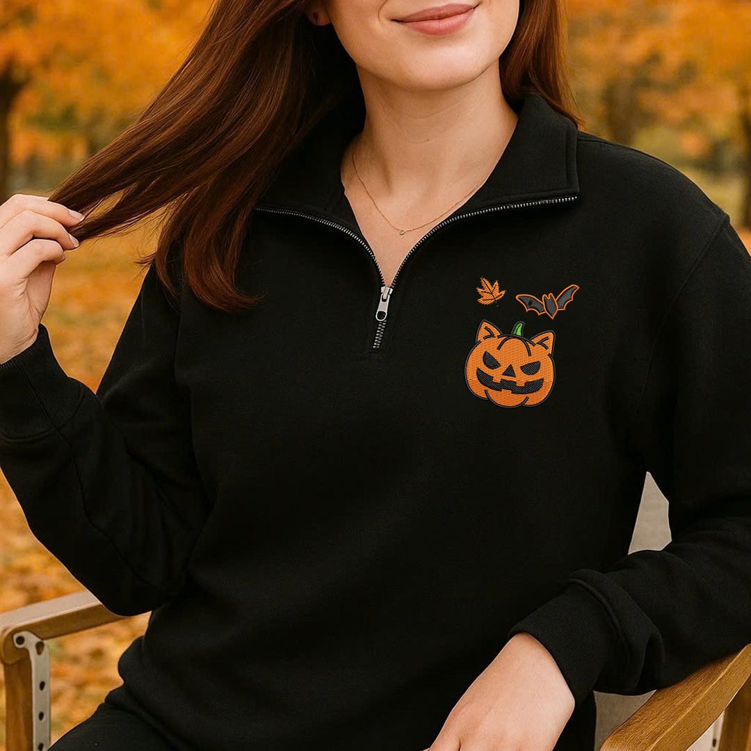 Pumpkin Cat Embroidered Quarter Zip Sweatshirt, Cute Fall Zip
