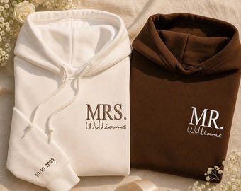 Custom Mrs Embroidered Sweatshirt, Date On Sleeve Gift For Bride Future Mrs. and Mr. Mrs Last Name Engagement Gift Hubby Wifey, Made in USA