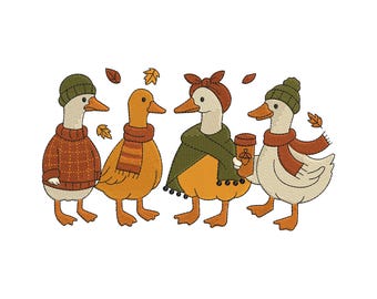 Fall Goose Embroidery Design, Cute Geese in Scarves and Sweaters Machine Embroidery File for Autumn Stitching Fall Embroidery Design 6 Sizes