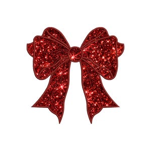 May include: A red glitter bow with a shiny finish. The bow is tied in a knot with two loops.