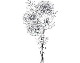 Custom Birth Flower Bouquet, Family Birth Month Tattoo Design, Up to 15 Flowers, Flower Bouquet Print, Floral Tattoo Design Digital Download